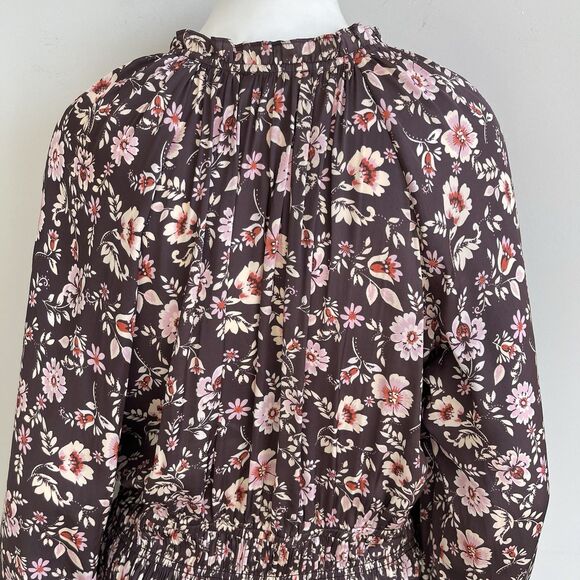 Current Air Long Sleeve Satin Pleated Boho Dress Brown Floral M Cottage Chic - Picture 7 of 14